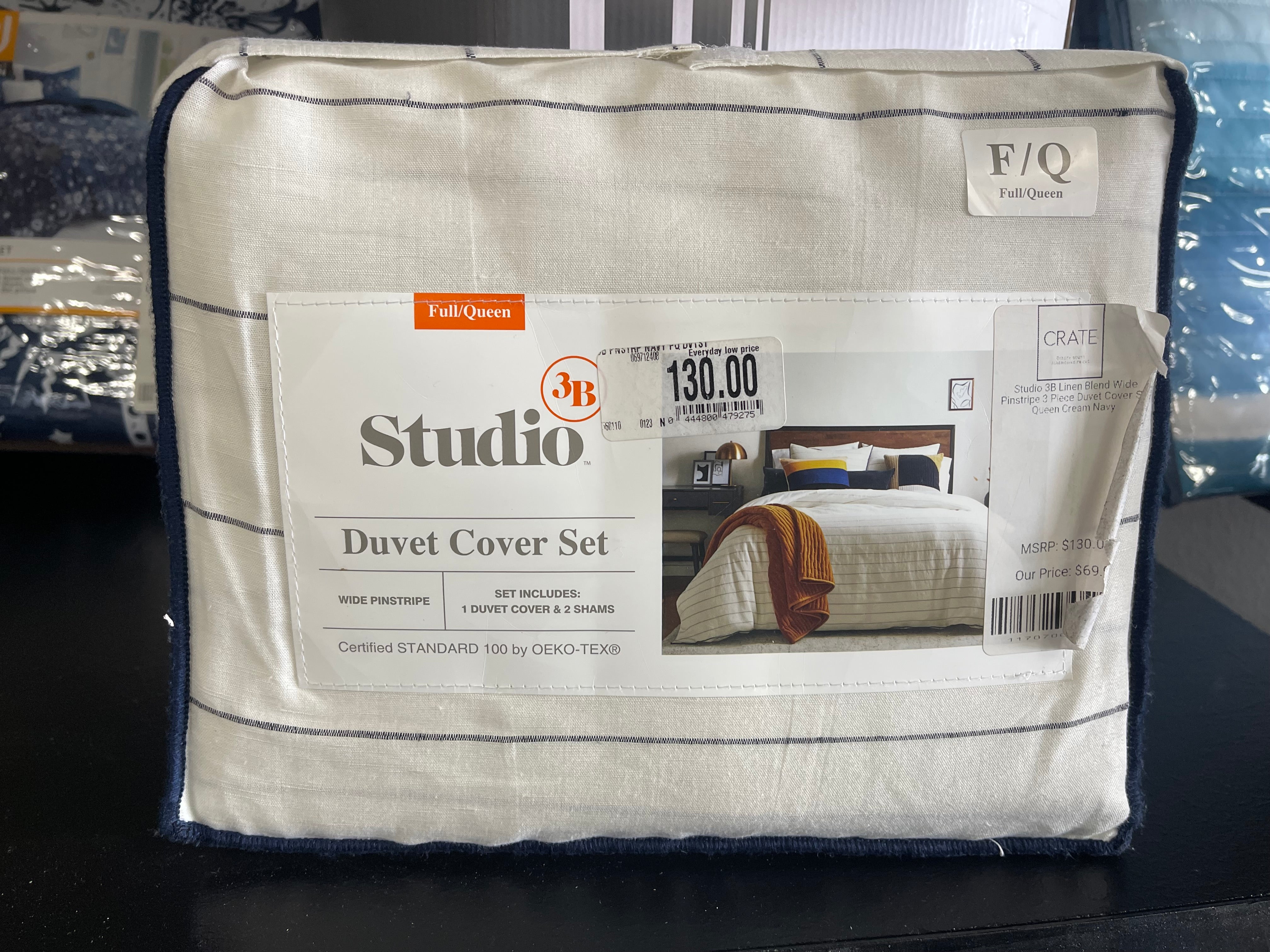 Studio 3B Linen Blend Wide Pinstripe 3 Piece Duvet Cover Set Queen Cre ...