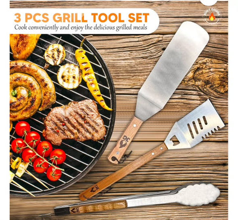 Juicy Goods Stainless Steel BBQ 3 Pcs Grill Tool Set Heat Resistant Handles Camping Tool Accessories