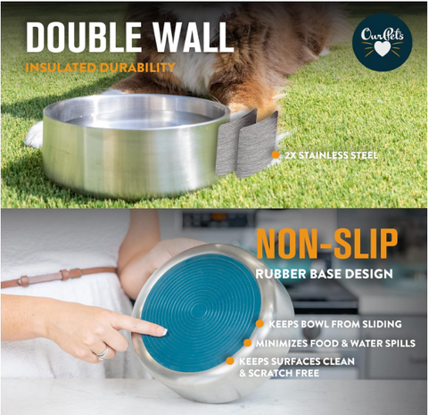 Our Pets Stainless Steel Doubled Wall Pet Water Bowl and Food Bowl Varies Sizes