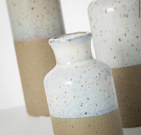 Sullivans Set of 3 Small Ceramic Bottle Vases 5 H  7.5 H & 10 H Blue and Brown