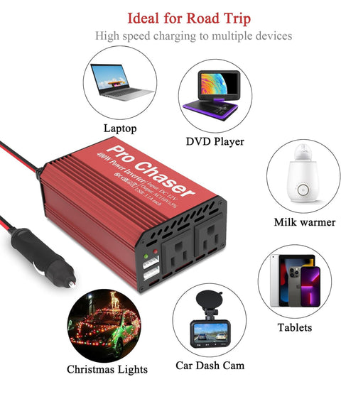 Pro Chaser 400W Power Inverters for Vehicles - DC 12v to 110v AC Car Inverter Converter, 6.2A Dual USB Charging Ports, Dual AC Adapter for Air Compressor Laptops (Red)