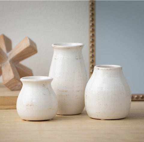 Sullivans Set of 3 Petite Ceramic Vases 3 H  4.5 H & 5.5 H White