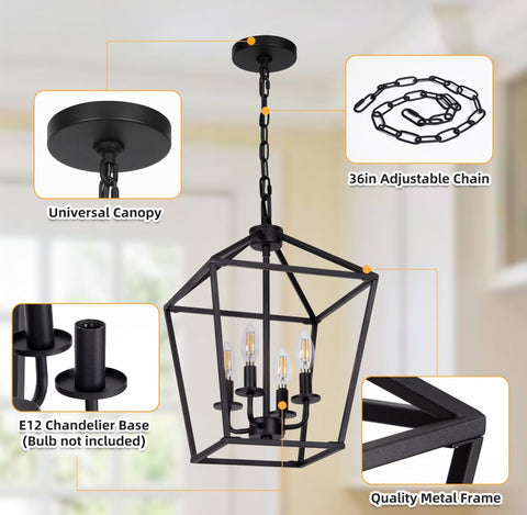 4 Light Chandelier, Industrial Ceiling Light Black Lantern Light Fixtures with Farmhouse Metal Cage Adjustable Height Rustic Geometric Hanging Light E12 Base for Kitchen Island, Entryway, Indoor
