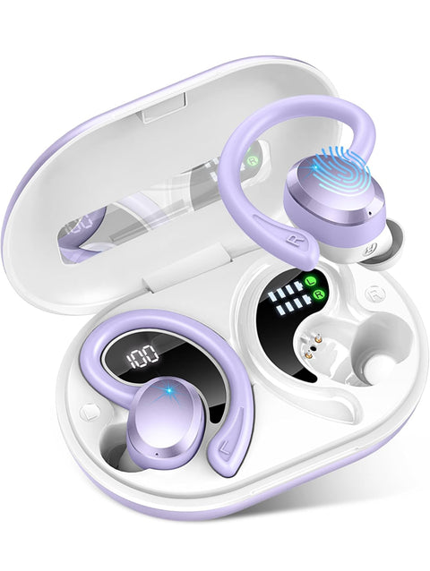 Purple. Wireless Earbuds Bluetooth Headphone Sport, Bluetooth 5.3 Earbud 3D HiFi Stereo Over Ear Buds, 48Hrs Earhooks Earphone with Noise Cancelling Mic, IP7 Waterproof Headset for Workout/Running/Gym, Purple