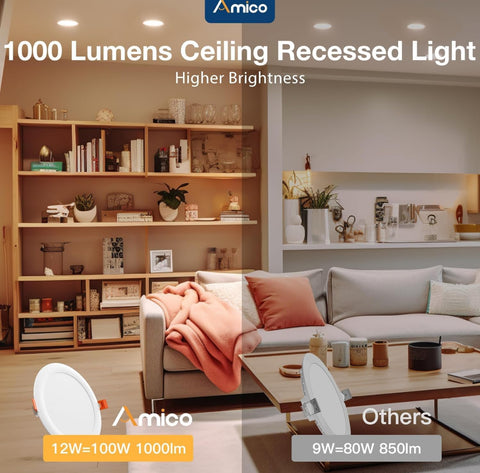 Amico 12 Pack 6 Inch 3CCT Ultra-Thin LED Recessed Ceiling Light with Junction Box, 3000K/4000K/5000K Selectable, 12W Eqv 100W, Dimmable LED Can Lights, 1000LM High Brightness Downlight