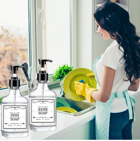 Clear Soap Dispenser with Pump, Waterproof Labels (2 Pack,18 Oz), Plastic Hand Soap Dispenser, Dish Soap Dispenser for Kitchen and Bathroom, Soap Dispenser Bathroom Bottle