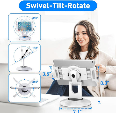 AboveTEK Retail Kiosk iPad Stand, 360° Rotating Commercial POS Tablet Stand, Fits 6"-13" (Screens) iPad Mini Pro-Business Swivel Tablet Holder, for Store Office Reception Kitchen Desktop (White)