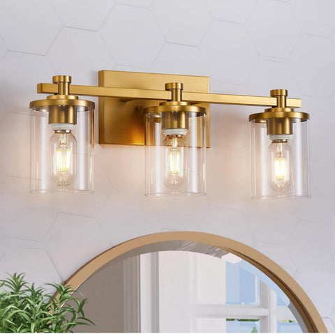 3 Light Bathroom Vanity Light Fixtures, Modern Gold Vanity Lights Over Mirror, Vintage Wall Sconce with Clear Glass Shade, Brushed Gold Vanity Lights for Bathroom