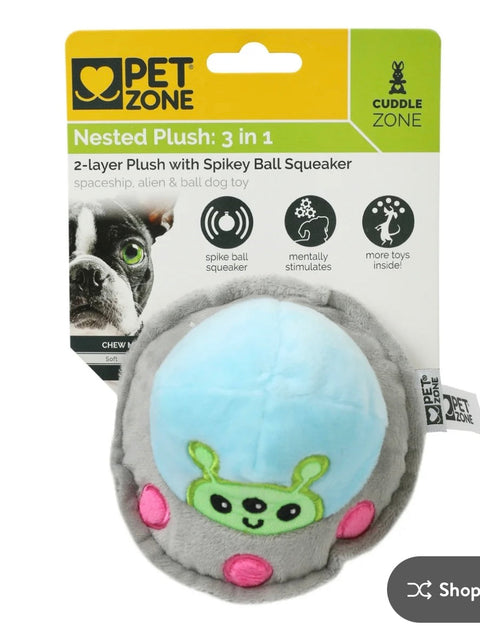 Pet Zone Alien Flying Saucer 3 in 1 Plush Squeaky Dog Toys for
Small Dogs