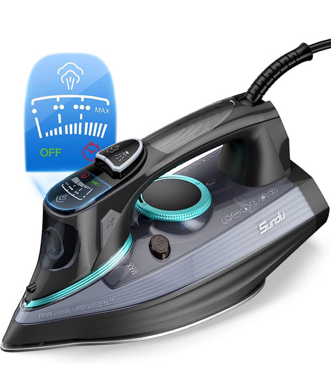 1700-Watt Steam Iron with Digital LED Screen, Ceramic Coated Soleplate, Anti-Drip, Self-Clean, 3-way Auto-Off Portable Iron with 4 Preset Steam&Temp Setting for Variable Fabric, 300ml Water Tank
