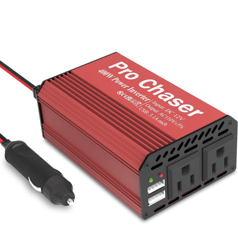Pro Chaser 400W Power Inverters for Vehicles - DC 12v to 110v AC Car Inverter Converter, 6.2A Dual USB Charging Ports, Dual AC Adapter for Air Compressor Laptops (Red)