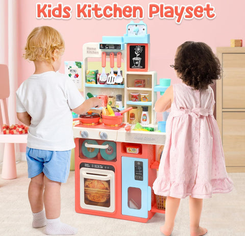 HOLYFUN Kids Kitchen Playset, Kitchen Set for Toddler with Sound & Light, Cooking Stove with Steam, Play Sink and Toy Kitchen Accessories, Pretend Kitchen Toys for Kids Girls Boys(Pink)