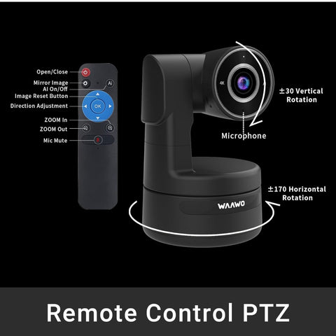 PTZ 4K UHD Webcam, Multi Person Auto Framing, Control PTZ Through Remote Control, Privacy Protection, 1080p 60fps, Plug and Play, USB Webcam with Tripod