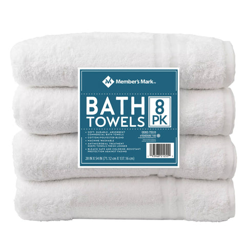 Member's Mark Commercial Hospitality Bath Towels, White (8 Count)