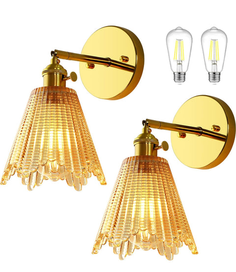 Gold Glass Wall sconces Set of 2, Brass Sconce Amber Glass Shade with knob Switch, Vintage Wall Light Hardwired 2-Pack for Bedroom Bathroom Hallway Living Room