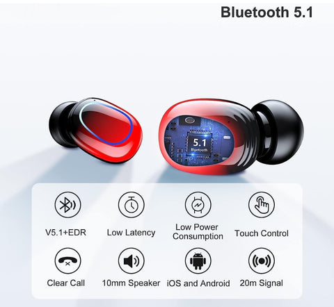 Wireless Bluetooth Earbud Sport Bluetooth Headphones with Noise Cancelling and IP7 Waterproof Earphones, Touch Control, Stereo Sound (Red)