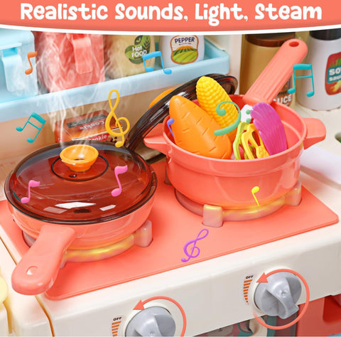 HOLYFUN Kids Kitchen Playset, Kitchen Set for Toddler with Sound & Light, Cooking Stove with Steam, Play Sink and Toy Kitchen Accessories, Pretend Kitchen Toys for Kids Girls Boys(Pink)