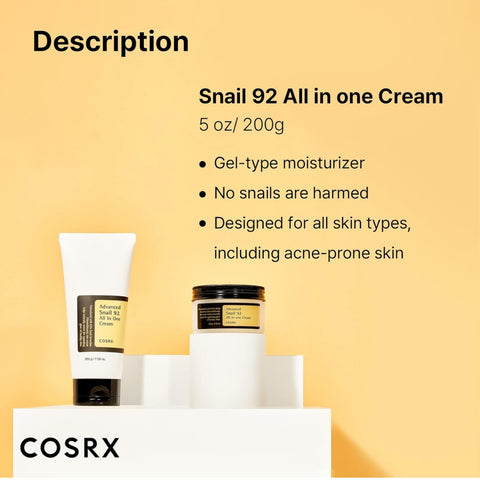COSRX Snail Mucin 92% Moisturizer, Daily Repair Face Gel Cream Tube Type for Dry, Sensitive Skin, Not Tested on Animals, No Parabens, No Sulfates, No Phthalates, Korean Skincare (7.05Fl Oz / 200g)