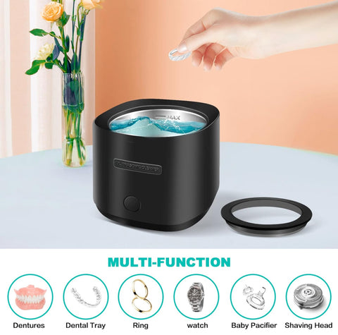 Ultrasonic Retainer Cleaner Denture Cleaning: 42kHz Portable Sonic Dental Clean Pod for Mouth Guard Denture Aligner Invisalign (Black)