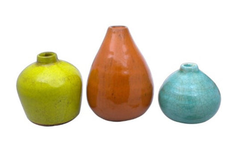 Sullivans Set 3 Small Ceramic Vases 3 H  4 H & 5 H Orange  Yellow & Teal