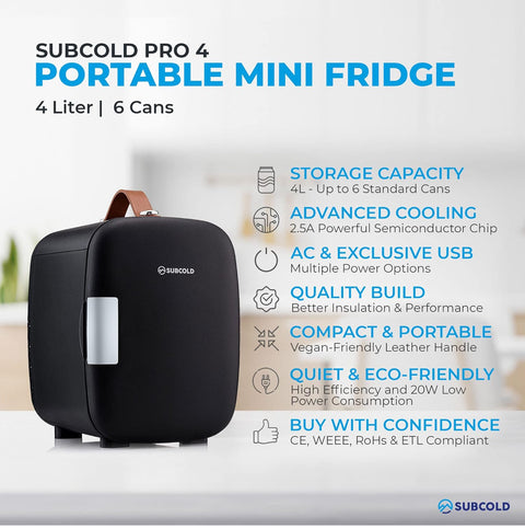 Subcold Pro4 Luxury Mini Fridge Cooler 4 Litre / 6 Cans AC & Exclusive USB ECO Power Option | Portable Small Refrigerator For The Office, Bedroom, Car, Travel, Skincare & Cosmetic (Black)
