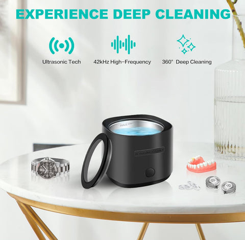 Ultrasonic Retainer Cleaner Denture Cleaning: 42kHz Portable Sonic Dental Clean Pod for Mouth Guard Denture Aligner Invisalign (Black)