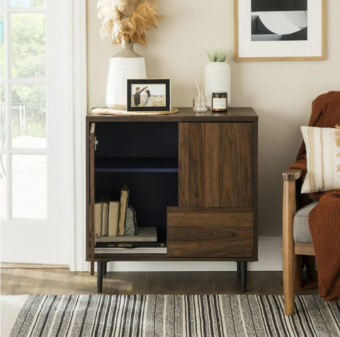 Walker Edison Modern Color Pop Accent Cabinet, Dark Walnut/Navy Interior