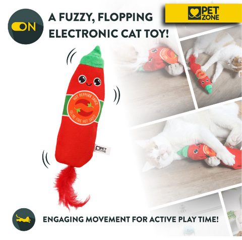 Pet Zone Fuzzy Flopper Kicker Hot Sauce Electronic Cat Toy. Rechargeable. USB Charging Cable Included.