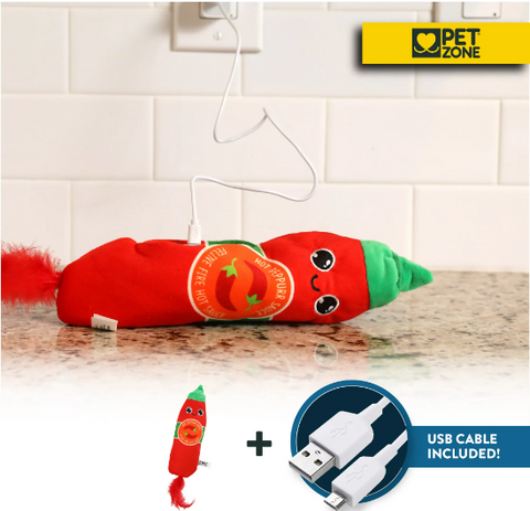 Pet Zone Fuzzy Flopper Kicker Hot Sauce Electronic Cat Toy. Rechargeable. USB Charging Cable Included.