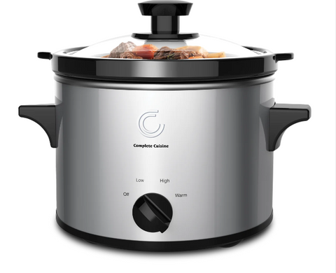 Complete Cuisine Gourmet Slow Cooker with Adjustable Temp, Entrees, Sauces, Stews & Dips, Dishwasher Safe Glass Lid & Crock, 1.5 Quart, Stainless Steel