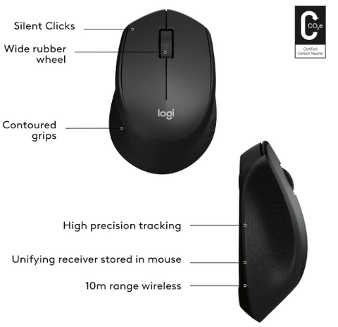 Logitech M330 SILENT Wireless Mouse, 2.4GHz with USB Receiver, Optical Tracking, Quiet & Lightweight, Long Battery Life, for PC, Mac, Laptop, Chromebook - Black