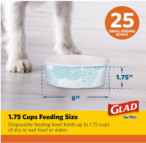 Glad Pets Disposable Small Dog Bowls, Teal Pattern, 1.75 Cup Feeding Size, 25 Count - Leakproof and Dishwasher Safe