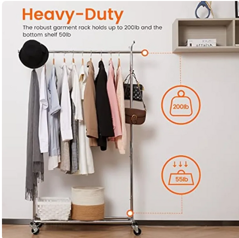 HOUSE AGAIN Adjustable 2-in-1 Heavy Duty Garment Rack & Coat Rack, 66" L, Rolling Clothes Rack with Lockable Wheels, Clothing