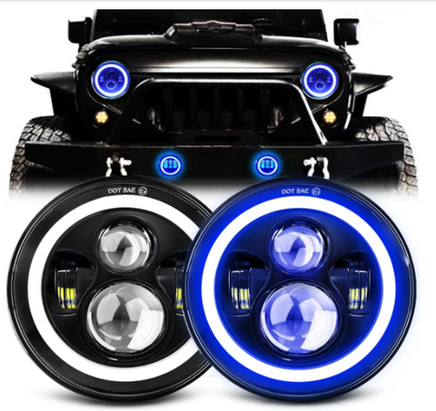 7 Inch LED Headlights with Blue Halo Ring Amber Turn Signal Wrangler Headlights High/Low Sealed Beam Projector Compatible with JK LJ CJ TJ H6024 LED Headlamps, 2PCS Blue