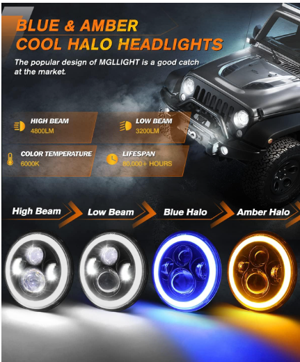 7 Inch LED Headlights with Blue Halo Ring Amber Turn Signal Wrangler Headlights High/Low Sealed Beam Projector Compatible with JK LJ CJ TJ H6024 LED Headlamps, 2PCS Blue