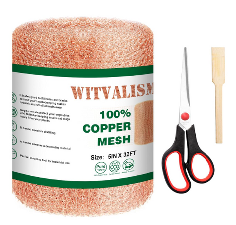 Copper Mesh Rodent Control, Premium Copper Mesh Ideal for Hole Blocking, 5in x 32ft Rustproof Pure Copper Mesh Roll for Mice Slug Snail Control, with Exclusive Wood Stick and Scissors