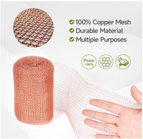 Copper Mesh Rodent Control, Premium Copper Mesh Ideal for Hole Blocking, 5in x 32ft Rustproof Pure Copper Mesh Roll for Mice Slug Snail Control, with Exclusive Wood Stick and Scissors