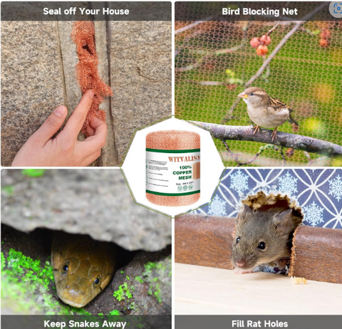 Copper Mesh Rodent Control, Premium Copper Mesh Ideal for Hole Blocking, 5in x 32ft Rustproof Pure Copper Mesh Roll for Mice Slug Snail Control, with Exclusive Wood Stick and Scissors