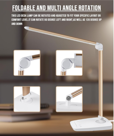 Lichamp Dimmable LED Desk Lamp with USB Charging Port, Touch Control Foldable Gooseneck Free Rotation Adjustable Eye Care Table Lamp, Bedside Reading Light with UL AC Adapter (Gold)