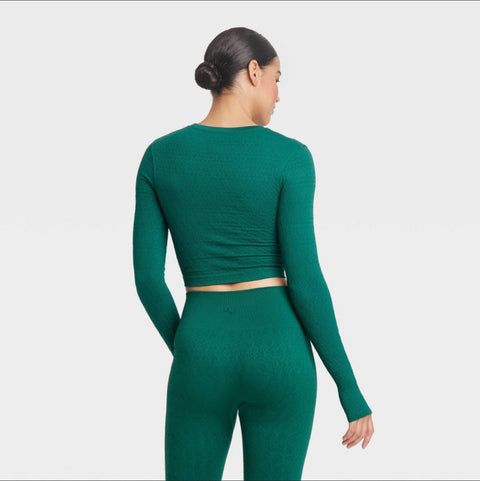 Women's Textured Seamless Long Sleeve Top - JoyLab™ Dark Green Medium