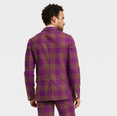 Houston White Adult Holiday Suiting Gingham Checkered Blazer - Purple/Brown LARGE