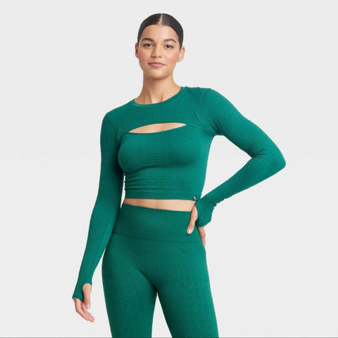 Women's Textured Seamless Long Sleeve Top - JoyLab™ Dark Green Medium