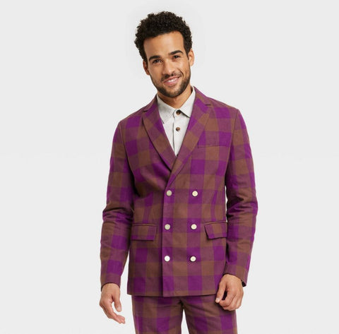 Houston White Adult Holiday Suiting Gingham Checkered Blazer - Purple/Brown LARGE