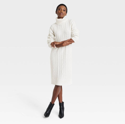 Women's Turtleneck Long Sleeve Cozy Sweater Dress - A New Day™ Cream SMALL