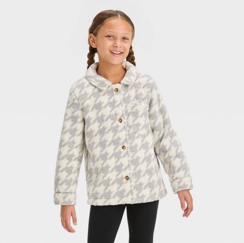 Girls' Button-Down 'Houndstooth' Shacket - Cat & Jack™ Gray/Cream MEDIUM (8)