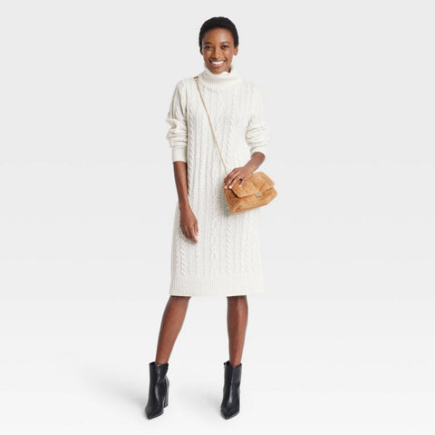 Women's Turtleneck Long Sleeve Cozy Sweater Dress - A New Day™ Cream SMALL