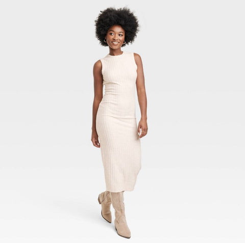 Women's Rib Knit Midi Dress - Universal Thread™ Heather Cream MEDIUM