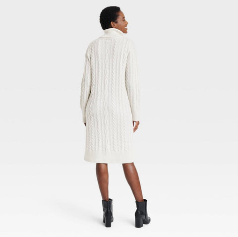 Women's Turtleneck Long Sleeve Cozy Sweater Dress - A New Day™ Cream SMALL