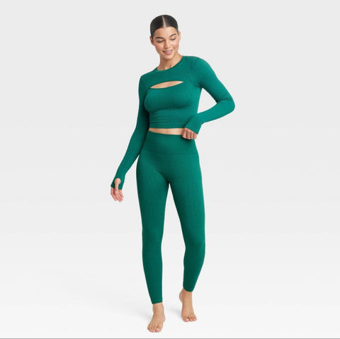 Women's Textured Seamless Long Sleeve Top - JoyLab™ Dark Green Medium