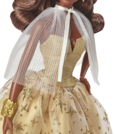 2023 Holiday Barbie Doll  Seasonal Collector Gift  Golden Gown and Dark Brown Hair
